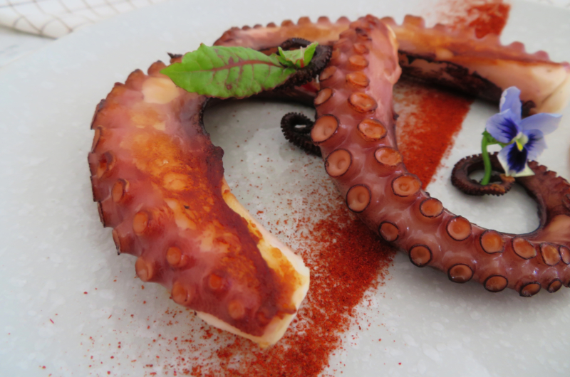 Grilled octopus with paprika Parmentier and black alioli