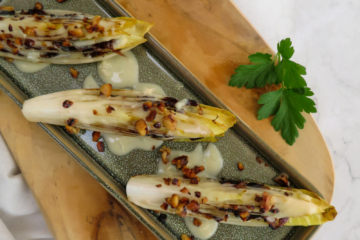 Grilled endive with gorgonzola and caramelized onions