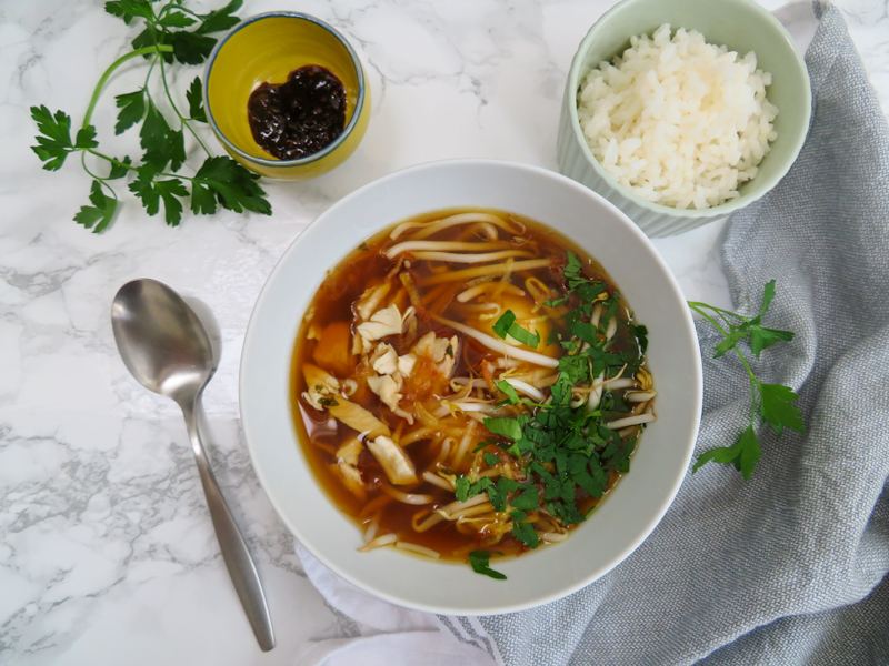 saoto soup no maggi cubes with steamed rice and sambal