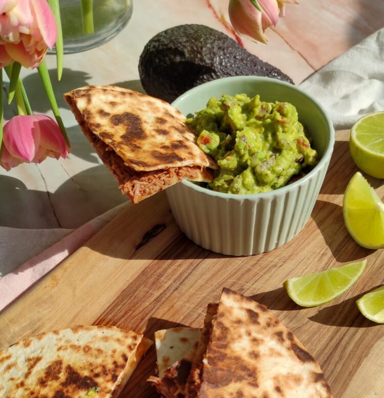 pulled turkey quesadillas with guacamole dip-rootsandcook