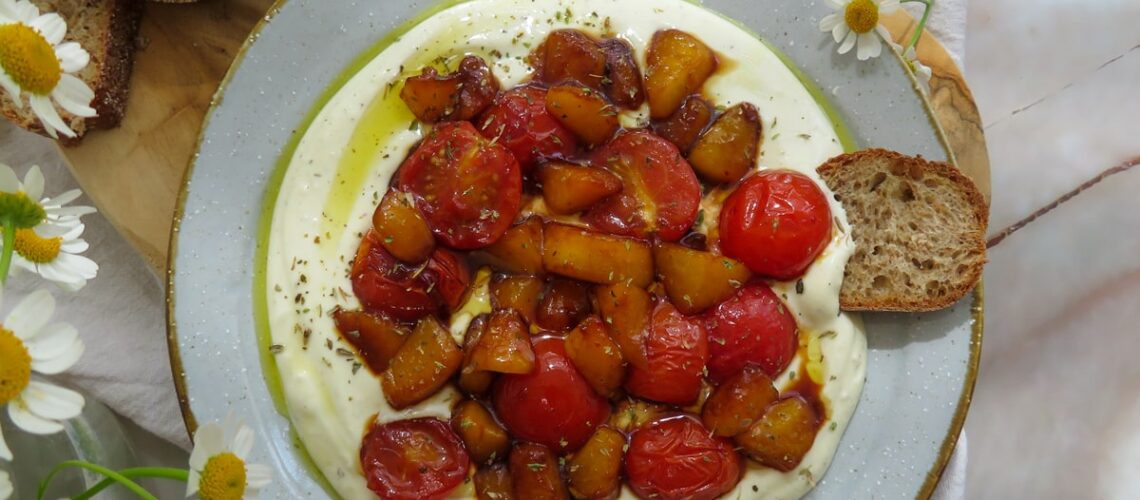 Whipped feta with charred tomatoes-rootsandcook