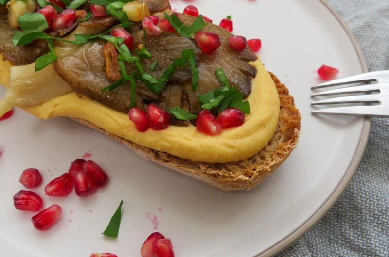 Mushroom hummus toast with pomegranate