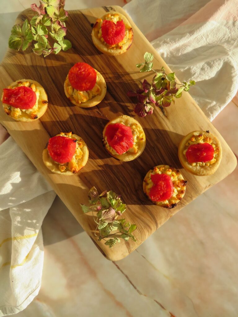 tomato and feta bites with flaky olive oil pastry dough