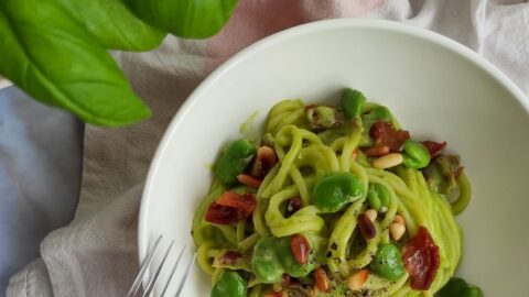 Pasta with fava beans pesto-rootsandcook