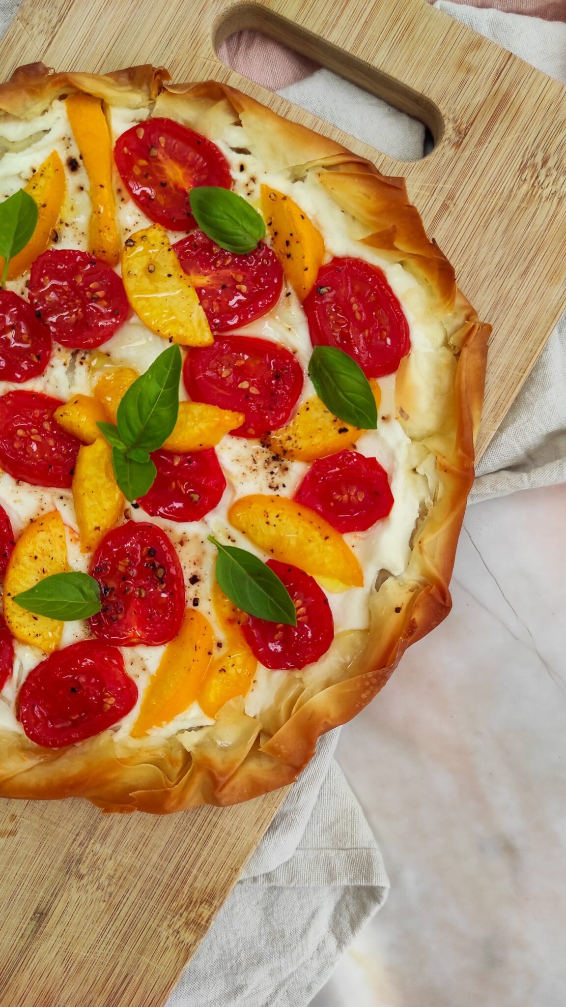 Tomato and peach phyllo galette - RootsandCook