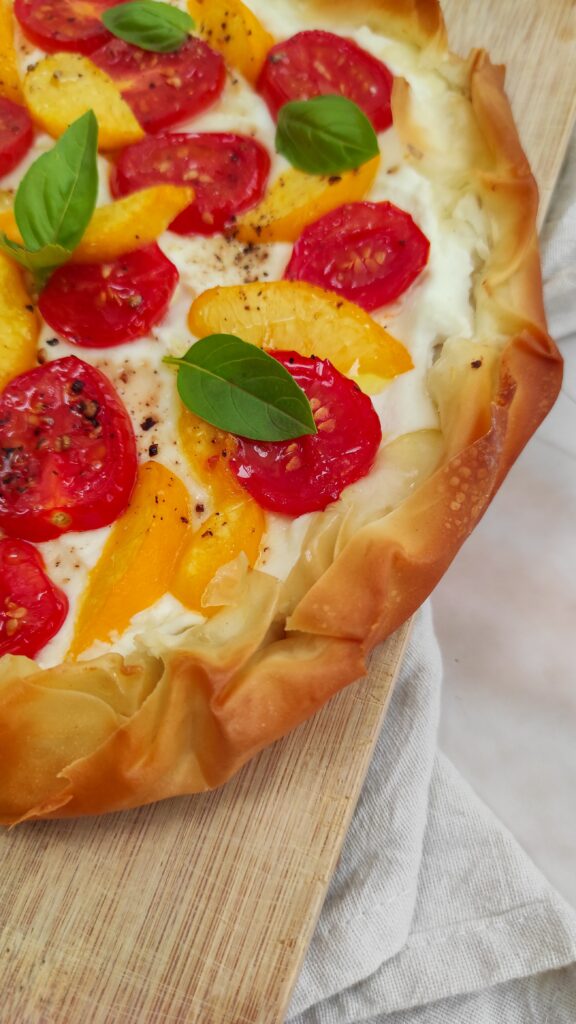 Tomato and peach phyllo galette-rootsandcook